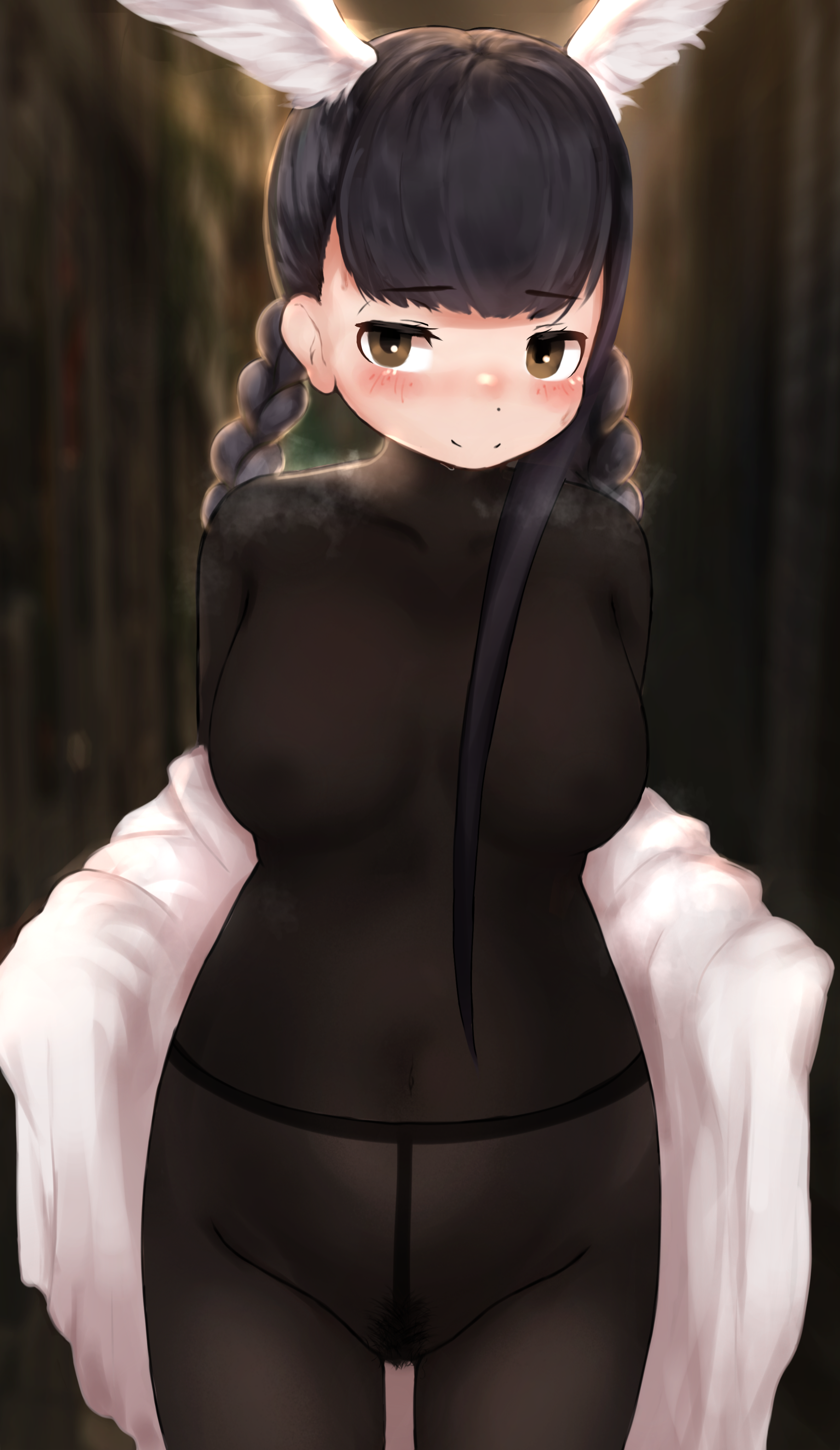 takara (takara0508), black-headed ibis (kemono friends), kemono friends, absurdres, highres, large variant set, variant set, 1girl, black hair, black pantyhose, black undershirt, blurry, blurry background, blush, braid, breasts, breath, brown eyes, closed mouth, covered navel, cowboy shot, female pubic hair, furrowed brow, groin, head wings, large breasts, long hair, looking at viewer, no bra, no panties, no tail, pantyhose, pubic hair, seductive smile, see-through clothes, smile, solo, sweat, turtleneck, twin braids, undershirt, very long hair, white wings, wings
