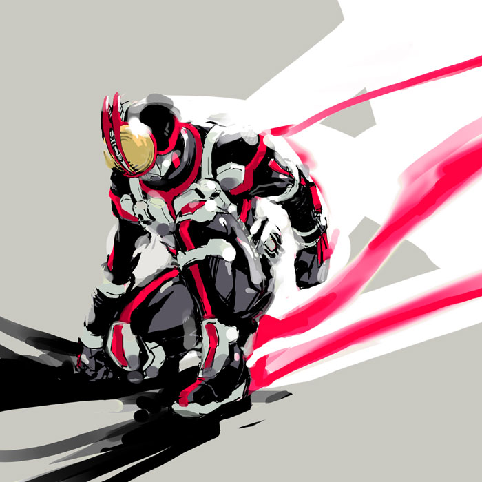 najimi shin, kamen rider faiz, kamen rider, kamen rider 555, 1boy, faiz, full body, kneeling, male focus, on one knee, solo