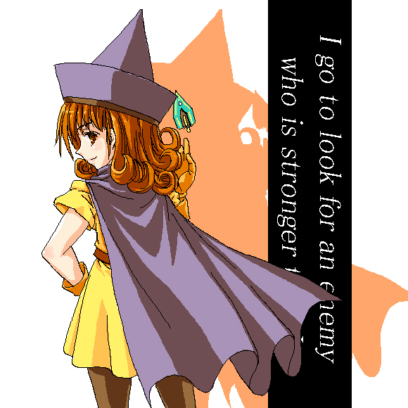 crote, alena (dq4), chunsoft, dragon quest, dragon quest iv, enix, 1girl, cape, dress, female focus, gloves, hat, leggings, long hair, oekaki, pantyhose, red eyes, red hair, skirt, solo, yellow skirt