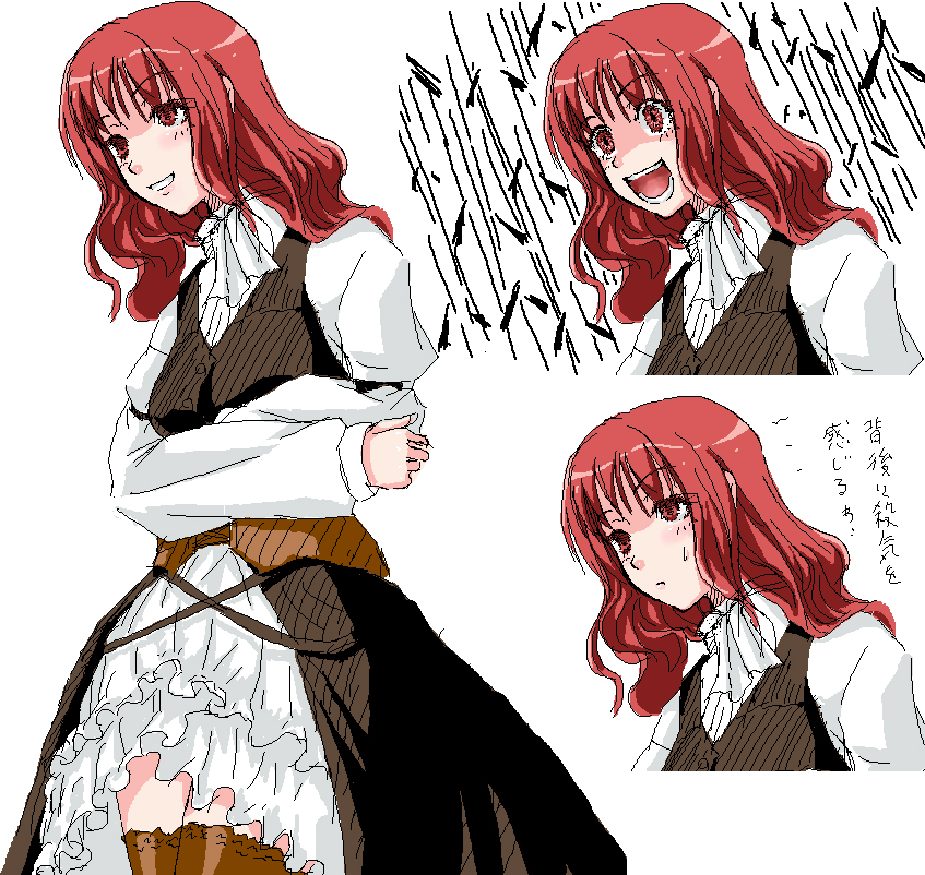 crote, original, bad id, bad pixiv id, 1girl, ascot, frills, laughing, multiple views, oekaki, red eyes, red hair, thighhighs, vest, zettai ryouiki