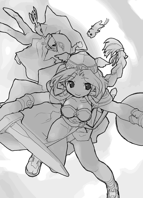 najimi shin, krino sandra, sabine, valkyrie (vnd), valkyrie no densetsu, 1girl, :3, armor, armored dress, braid, dress, greyscale, monochrome, panties, shield, single braid, sword, underwear, valkyrie, weapon