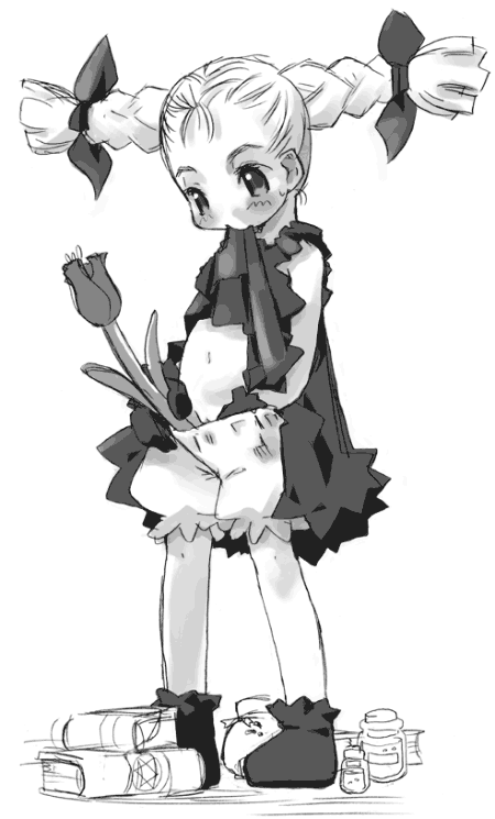 najimi shin, bloomers, braid, dress, flower, greyscale, loli, monochrome, mouth hold, rose, solo, tulip, twin braids, underwear, what