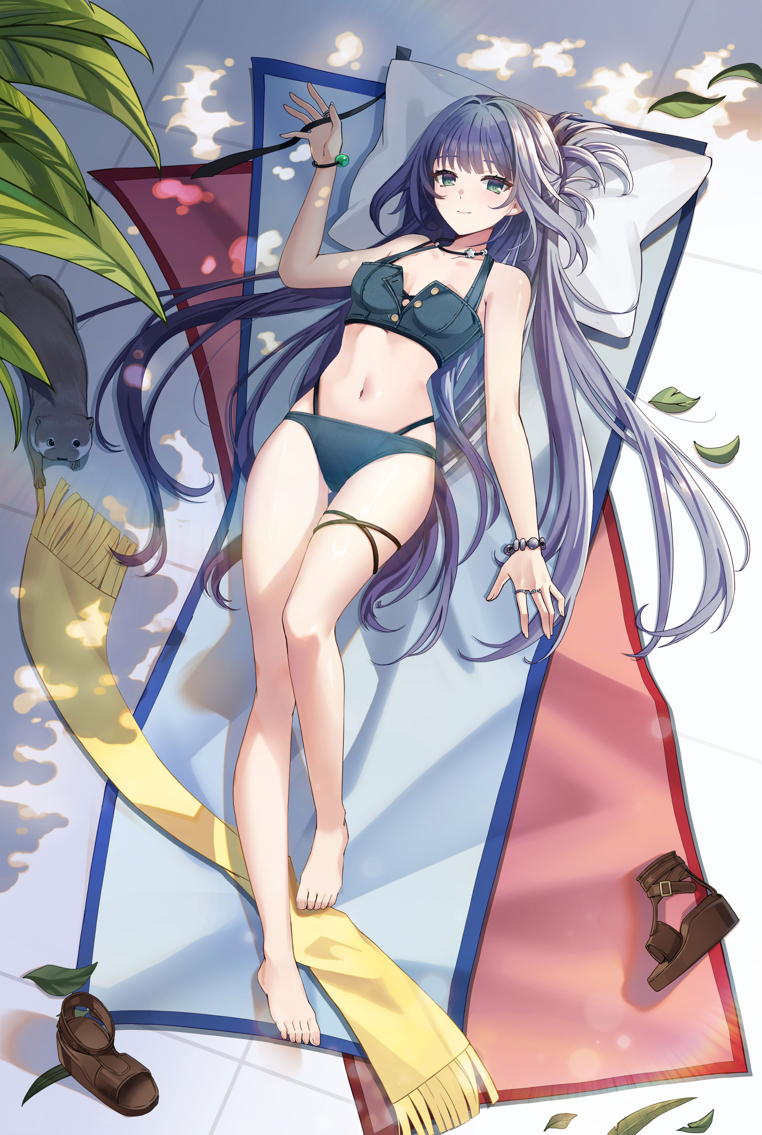 eunha (closers), closers, absurdres, highres, official art, 1girl, bare arms, bare legs, bare shoulders, barefoot, bikini, blue bikini, blue hair, bracelet, breasts, closed mouth, day, denim, denim bikini, feet, fringe trim, gluteal fold, green eyes, half updo, hand up, highleg, highleg bikini, jewelry, leaf, long hair, looking at viewer, lying, medium breasts, multi-strapped bikini bottom, navel, necklace, on back, outdoors, pillow, sandals, scarf, smile, solo, stomach, swimsuit, thighs, toes, tree shade, unbuttoned, unworn sandals, very long hair