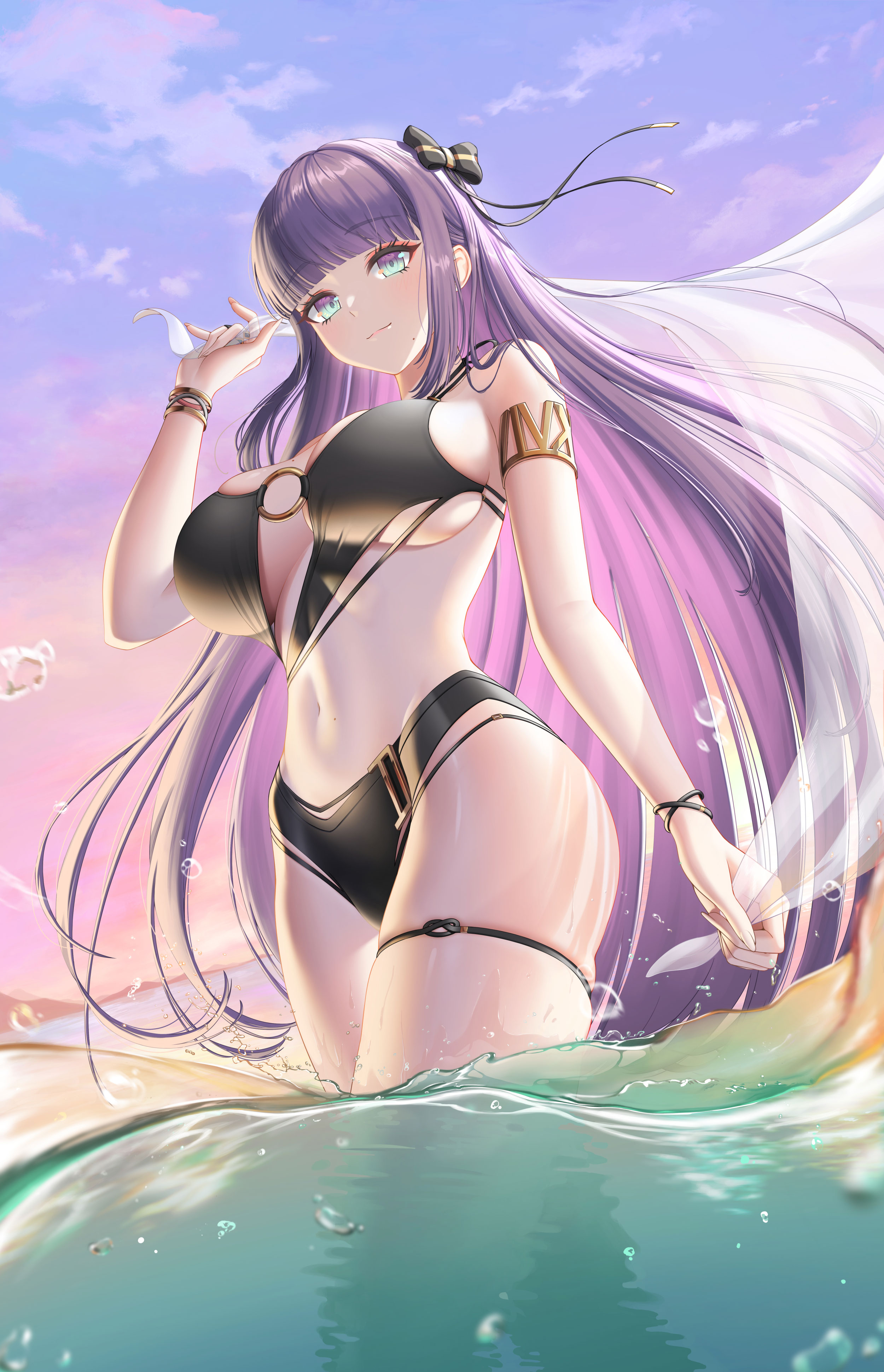 aeri (closers), closers, absurdres, highres, official art, 1girl, :3, armlet, backlighting, bare shoulders, bikini, black bikini, blue eyes, blunt bangs, bow, breasts, cleavage, closed mouth, eyeshadow, gradient eyes, gradient hair, gradient sky, hair bow, hand up, holding, jewelry, large breasts, long hair, looking at viewer, makeup, mole, mole under mouth, multicolored eyes, multicolored hair, navel, o-ring, o-ring bikini, pink hair, purple hair, skindentation, sky, smile, solo, spaghetti strap, standing, stomach, sunset, swimsuit, thigh strap, thighs, towel, very long hair, wading, water, wristband