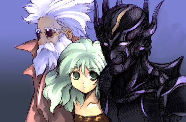 kouno hikaru, cecil harvey, rydia (ff4), rydia (young) (ff4), tellah, final fantasy, final fantasy iv, 1990s (style), 1girl, 2boys, aged down, child, green hair, multiple boys, retro artstyle