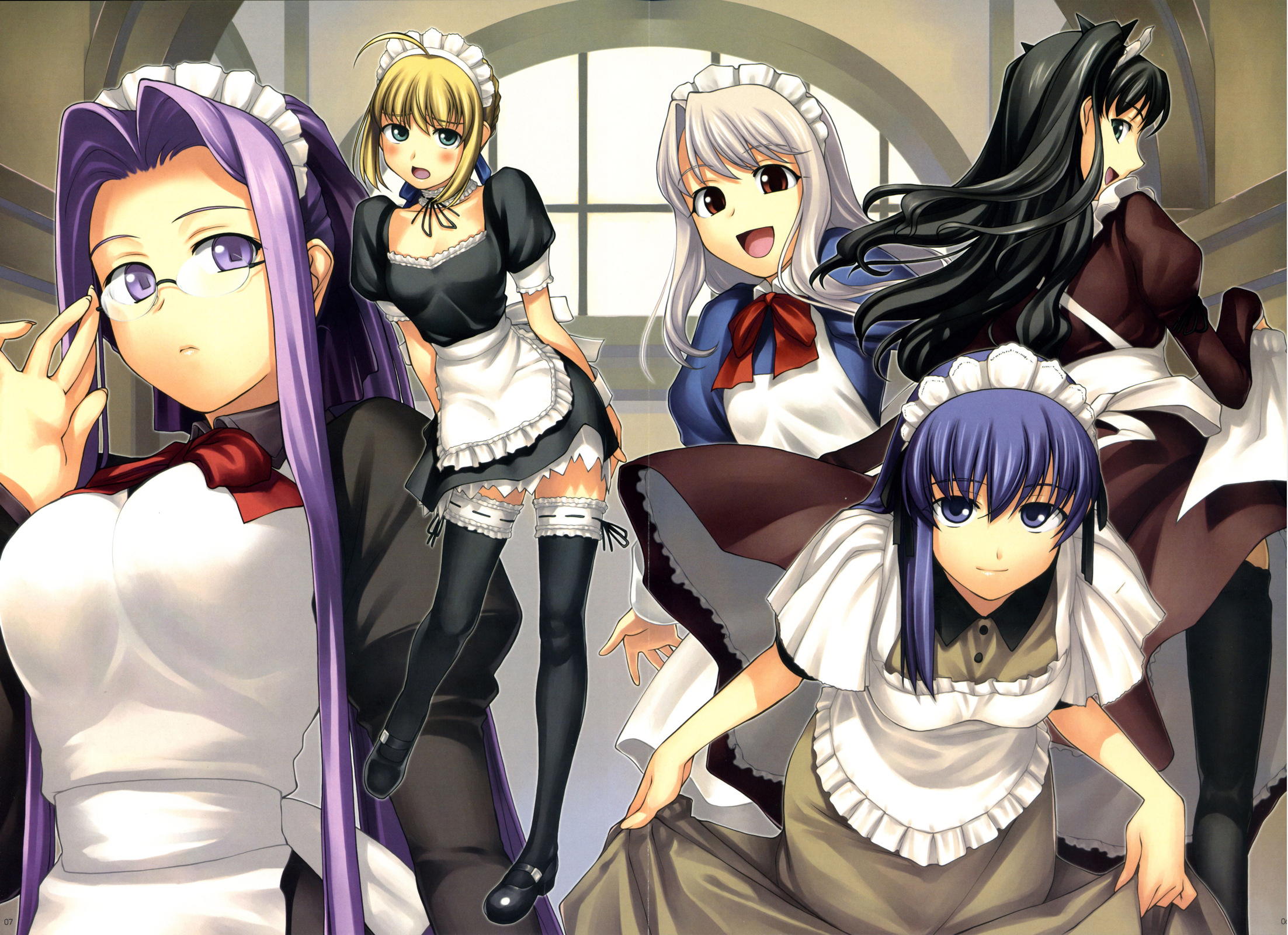 tanaka shoutarou, artoria pendragon (fate), illyasviel von einzbern, matou sakura, medusa (fate), medusa (rider) (fate), saber (fate), tohsaka rin, fate/hollow ataraxia, fate/stay night, fate (series), highres, 00s, 5girls, glasses, long legs, maid, multiple girls, official alternate costume, square pupils, thighhighs, zettai ryouiki