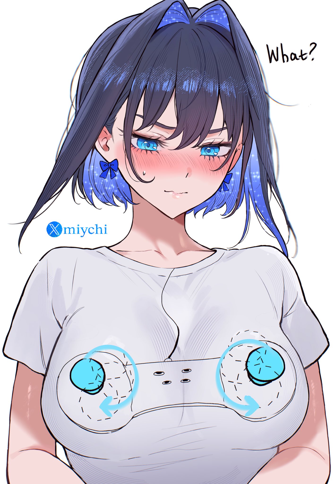 miychi, ouro kronii, hololive, hololive english, commentary, highres, 1girl, artist name, black hair, blue eyes, blue hair, blush, bow, bow earrings, breasts, closed mouth, collarbone, colored inner hair, controller, earrings, english text, game controller, game controller print, hair intakes, jewelry, large breasts, looking down, multicolored hair, shirt, short hair, simple background, solo, standing, sweatdrop, upper body, virtual youtuber, white background, white shirt