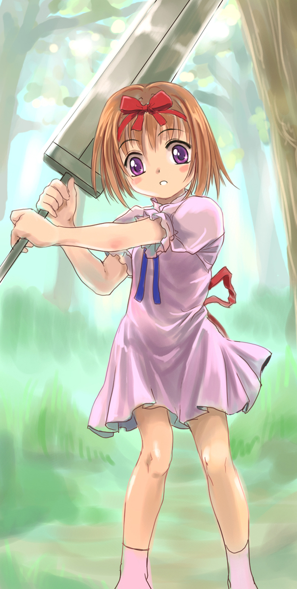 mutsuki (moonknives), highres, non-web source, source request, 1girl, big sword, brown hair, child, dress, female focus, forest, hair ribbon, hairband, nature, purple eyes, ribbon, short hair, solo, sword, weapon