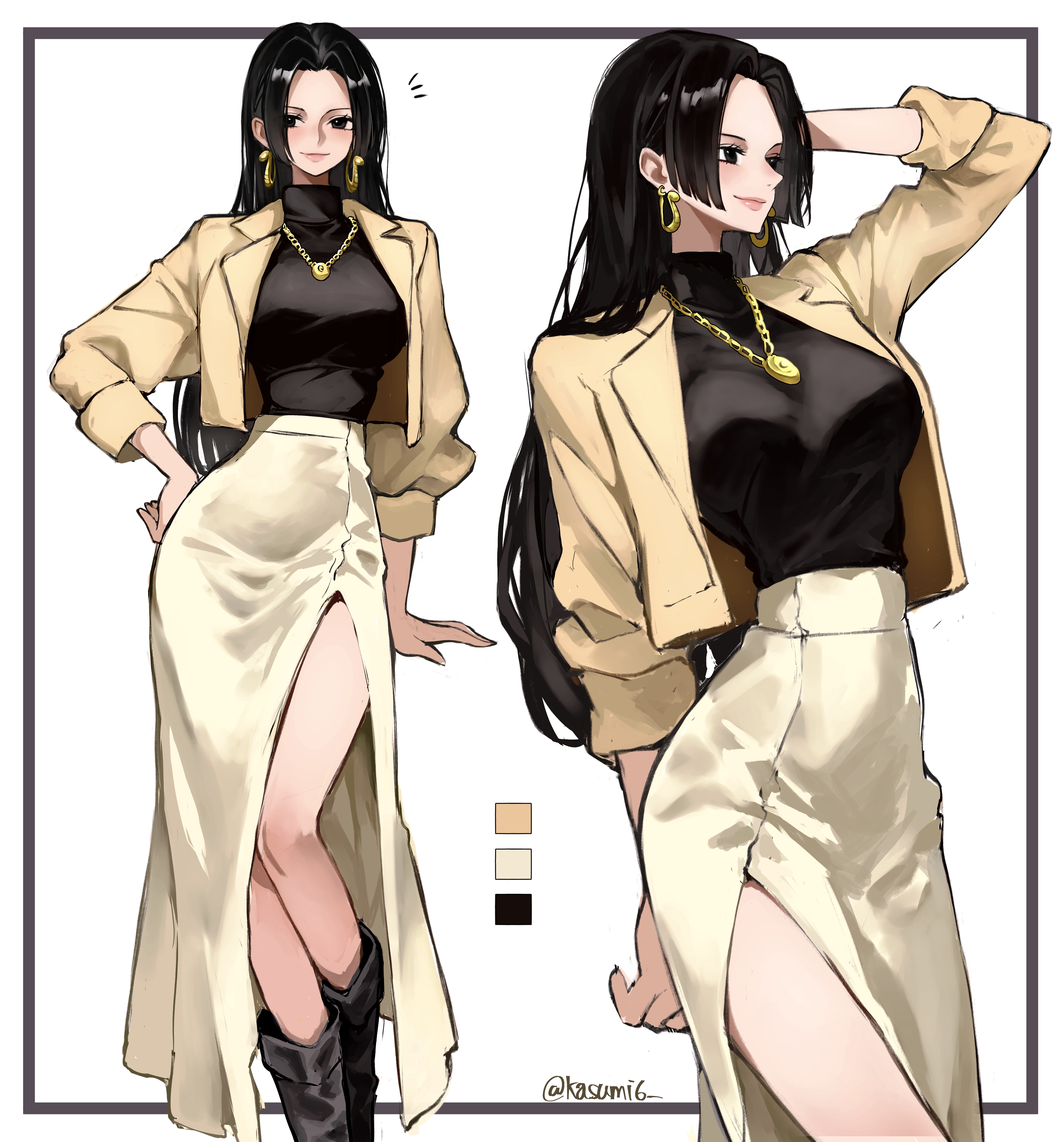 kasumi 6, boa hancock, one piece, absurdres, highres, 1girl, alternate costume, bare legs, black boots, black hair, black shirt, blush, boots, breasts, casual, color guide, earrings, forehead, jacket, jewelry, knee boots, large breasts, long hair, looking ahead, looking at viewer, multiple views, narrow waist, necklace, notice lines, shirt, shirt tucked in, simple background, skirt, smile, snake earrings, straight hair, twitter username, very long hair, white background, white skirt, yellow jacket