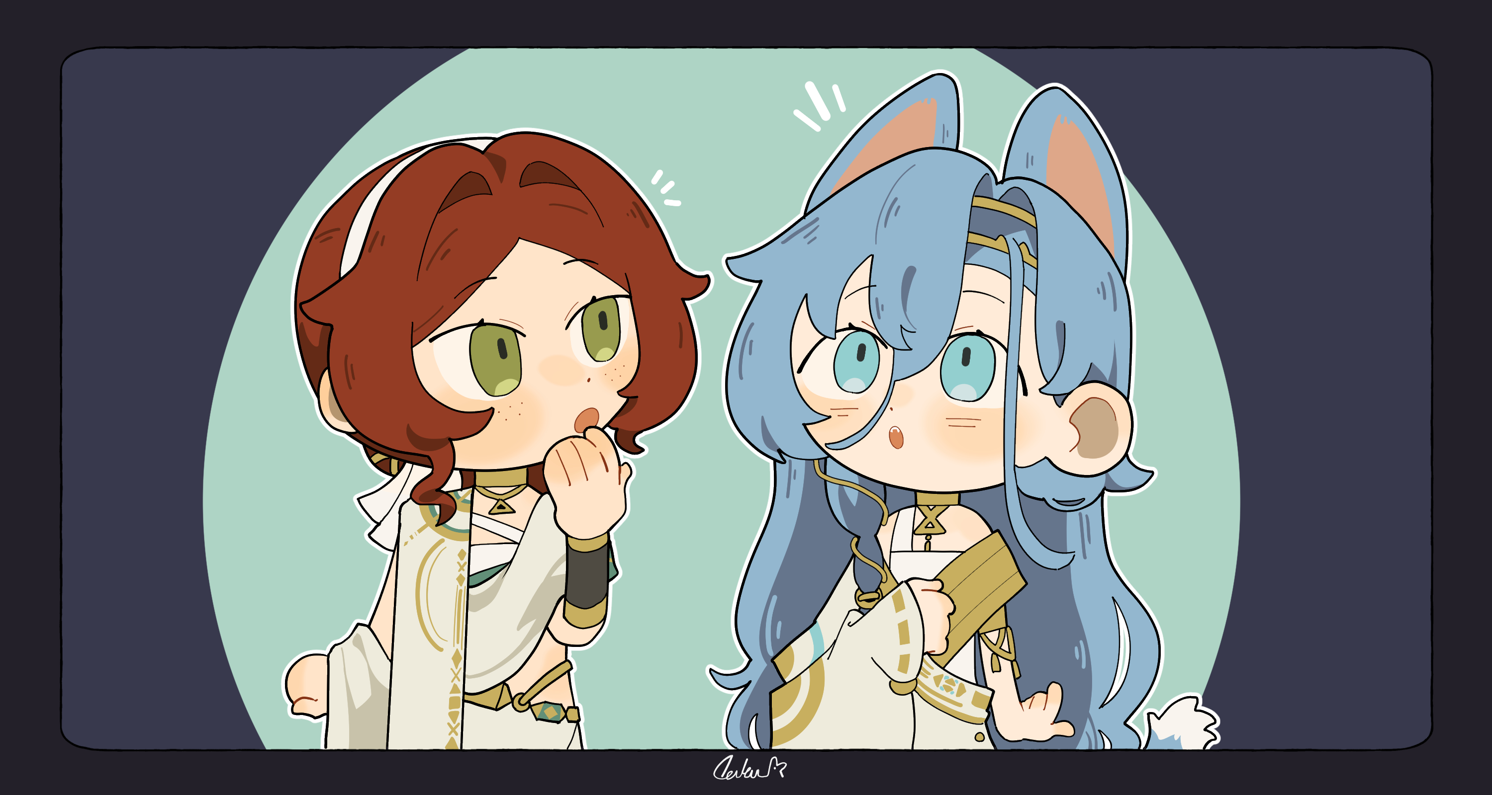 daku k, 37 (reverse:1999), sophia (reverse:1999), reverse:1999, highres, 2girls, :o, ancient greek clothes, animal ears, black border, blue background, blue hair, blue tail, border, chibi, circle, gold choker, greco-roman clothes, green eyes, hair between eyes, hairband, hand up, kemonomimi mode, long hair, looking at another, looking up, medium hair, multiple girls, notice lines, red hair, toga, upper body, very long hair, white hairband