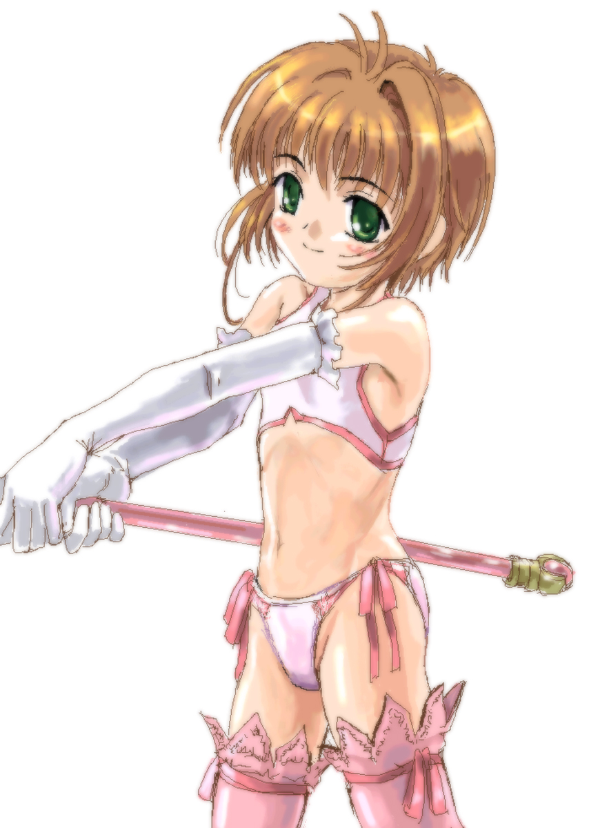 mutsuki (moonknives), kinomoto sakura, cardcaptor sakura, kodansha, highres, non-web source, 1990s (style), 1girl, bra, elbow gloves, female focus, fuuin no tsue, gloves, lingerie, loli, magical girl, oekaki, panties, retro artstyle, revealing clothes, ribbon, side-tie panties, solo, staff, thighhighs, training bra, underwear, underwear only, white gloves