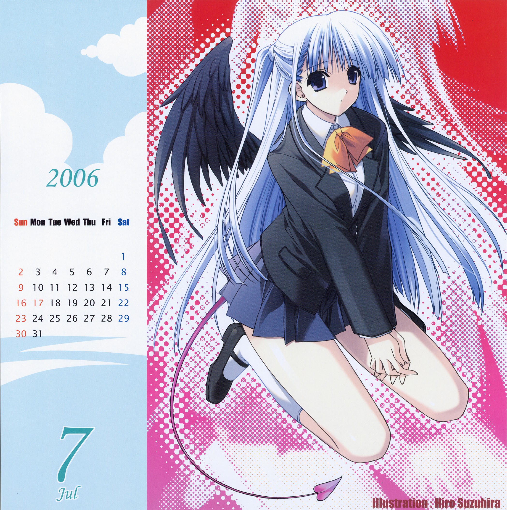 suzuhira hiro, highres, blouse, blue eyes, blue hair, calendar, collared shirt, hiro suzuhara, kneehighs, long hair, school uniform, serafuku, shirt, socks, solo, white shirt, wings