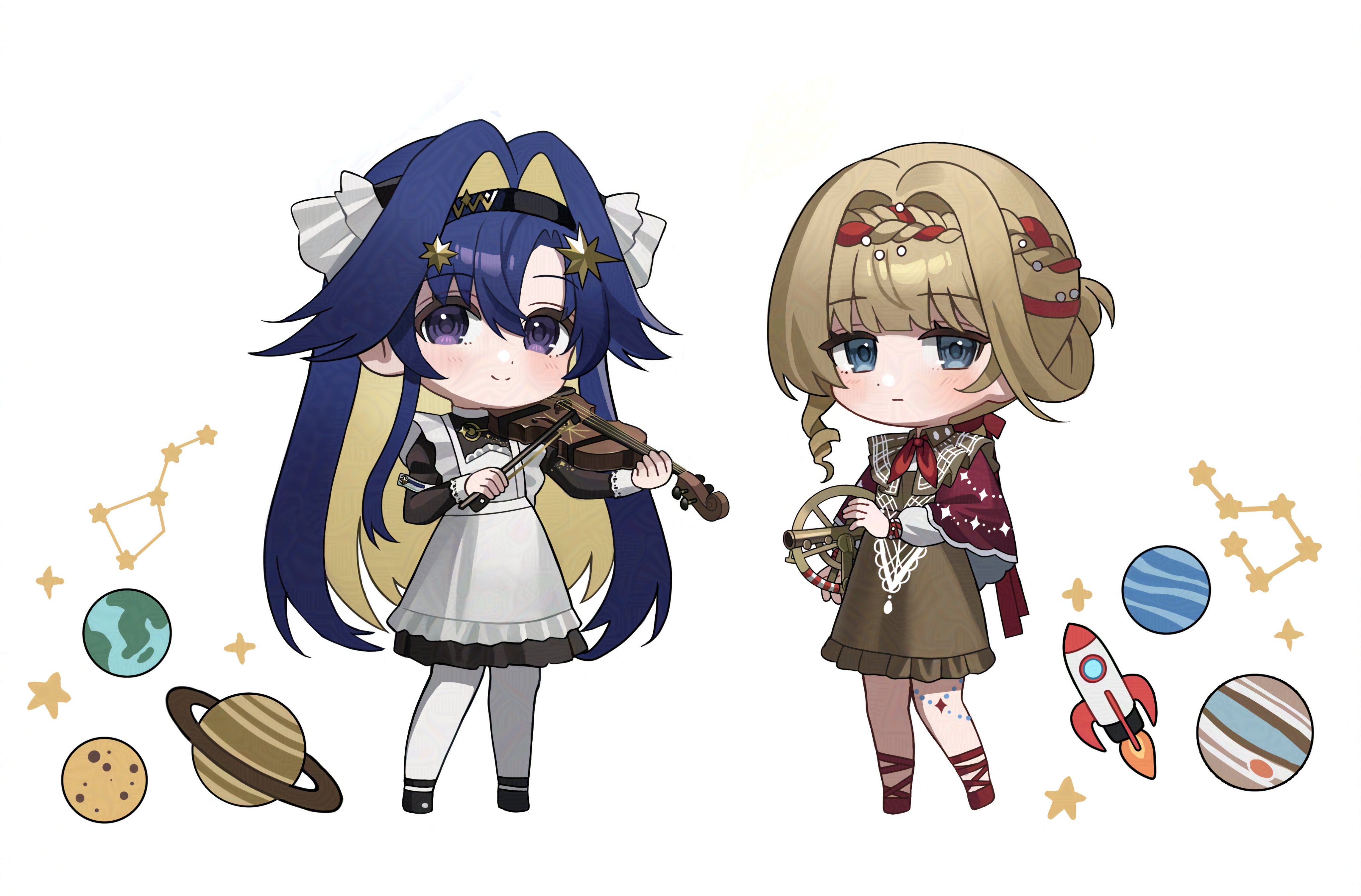 voyager (reverse:1999), reverse:1999, absurdres, adversarial noise, highres, 2girls, :|, angjuk, apron, black dress, black hairband, black shoes, blonde hair, blue eyes, blue hair, bow (music), braid, braided bangs, brown dress, chibi, cloak, closed mouth, collared dress, colored inner hair, constellation, dress, earth (planet), frilled apron, frills, full body, hair intakes, hair ornament, hairband, hands up, holding, holding bow (music), holding instrument, holding violin, instrument, juliet sleeves, jupiter (planet), kiperina, legs apart, long hair, long sleeves, looking at viewer, low ponytail, multicolored hair, multiple girls, neckerchief, pantyhose, planet, ponytail, puffy sleeves, red cloak, red neckerchief, red shoes, rocket, saturn (planet), school uniform, shoes, smile, soviet school uniform, sparkle, standing, star (symbol), star hair ornament, very long hair, violin, white apron, white background, white pantyhose