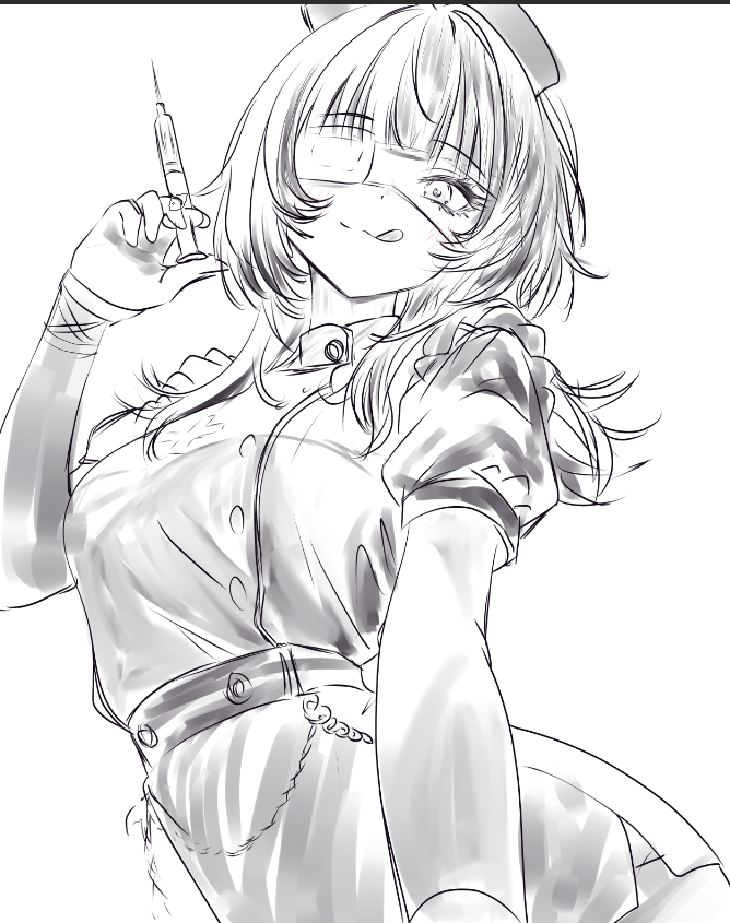 akamiya mumu, shiori novella, hololive, hololive english, 1girl, :q, alternate costume, dress, eyepatch, greyscale, hat, holding, holding syringe, long hair, looking at viewer, monochrome, nurse, nurse cap, sketch, solo, syringe, tongue, tongue out, virtual youtuber