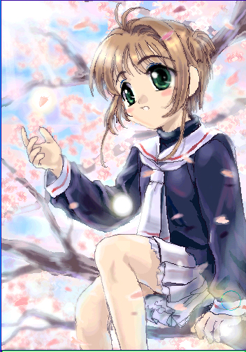 mutsuki (moonknives), kinomoto sakura, cardcaptor sakura, kodansha, non-web source, 1990s (style), 1girl, cherry blossoms, child, female focus, in tree, oekaki, retro artstyle, school uniform, serafuku, sitting, sitting in tree, solo, tomoeda middle school uniform, tree