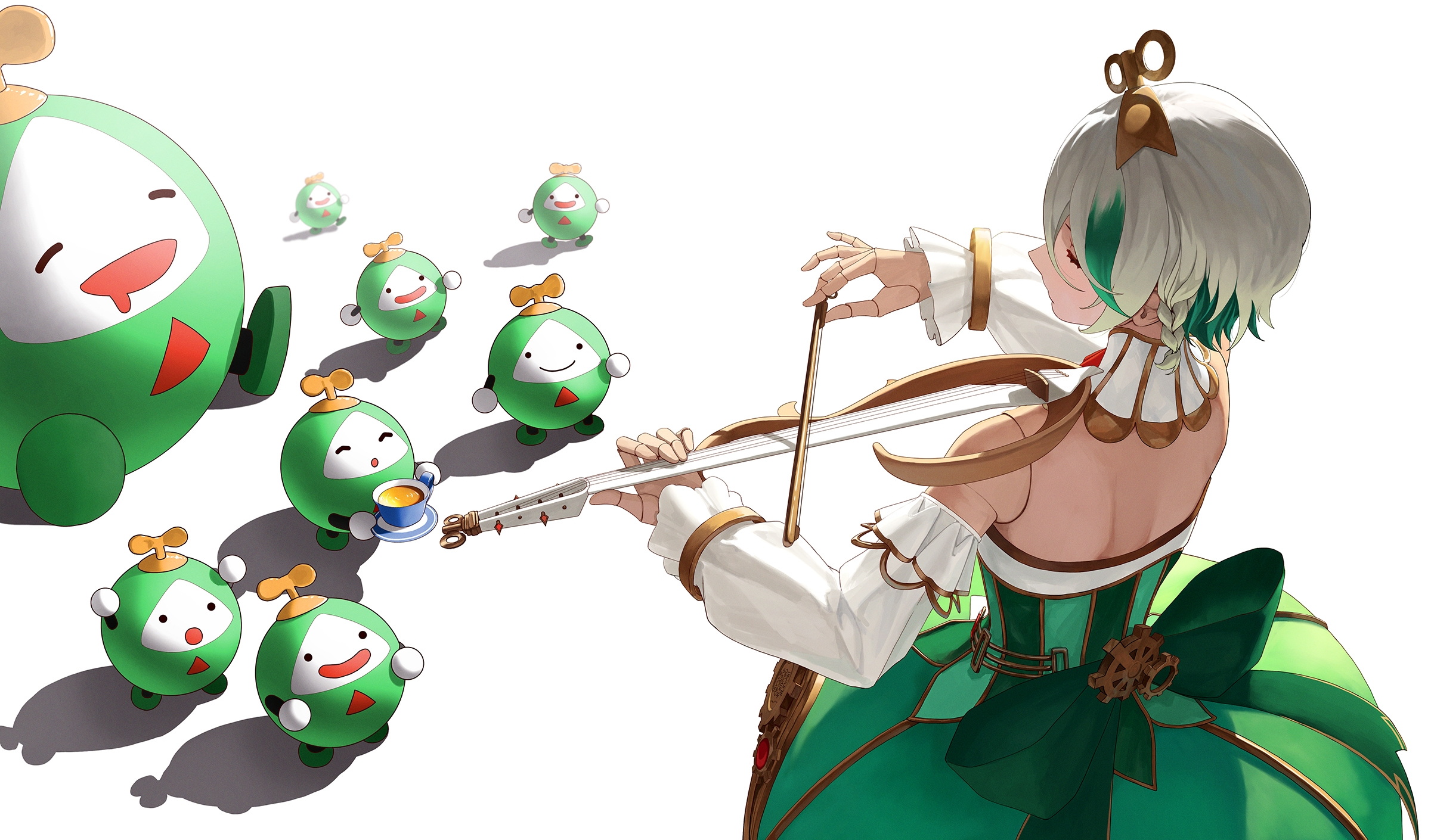 aqwariate, cecilia immergreen, cecilia immergreen (1st costume), otomo (cecilia immergreen), hololive, hololive english, commentary, highres, 1girl, :o, ^ ^, bow (music), closed eyes, corset, cup, detached collar, detached sleeves, doll joints, dress, drooling, gears, green corset, green dress, green hair, grey hair, holding, holding bow (music), holding cup, holding instrument, holding saucer, holding violin, instrument, joints, mouth drool, multicolored hair, music, open mouth, playing instrument, saucer, short hair, simple background, sitting, streaked hair, teacup, two-tone hair, upper body, violin, virtual youtuber, white background, white sleeves, winding key