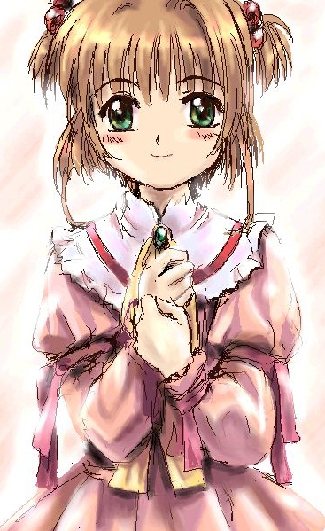 mutsuki (moonknives), kinomoto sakura, cardcaptor sakura, kodansha, non-web source, 1990s (style), 1girl, blush, brooch, brown hair, child, dress, female focus, gem, green eyes, hair bobbles, hair ornament, hands on own chest, jewelry, long sleeves, looking at viewer, oekaki, retro artstyle, ribbon, short hair, solo, two side up