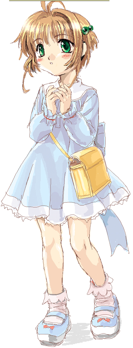 mutsuki (moonknives), kinomoto sakura, cardcaptor sakura, kodansha, highres, non-web source, 1990s (style), 1girl, bag, child, female focus, handbag, mary janes, oekaki, retro artstyle, shoes, socks, solo