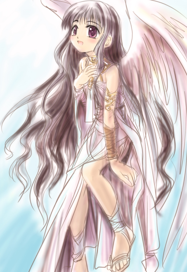 mutsuki (moonknives), daidouji tomoyo, cardcaptor sakura, kodansha, non-web source, 1990s (style), 1girl, angel wings, armband, black hair, child, female focus, long hair, purple eyes, retro artstyle, sandals, solo, very long hair, wings