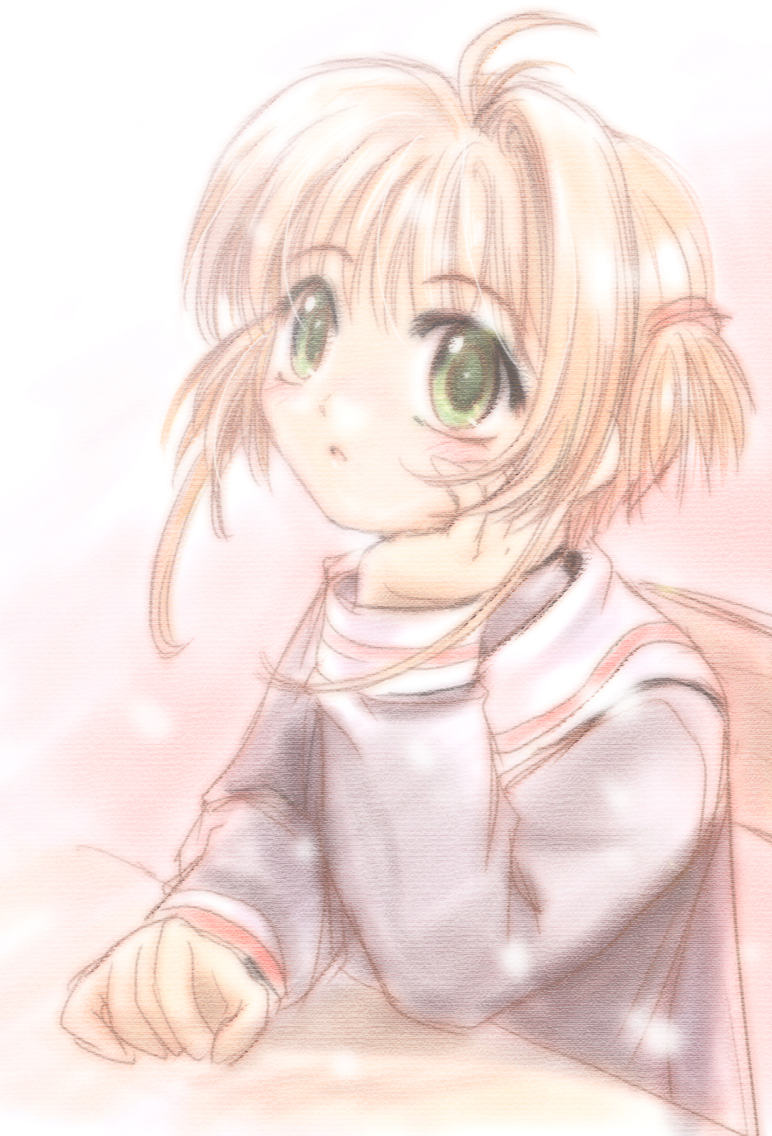 mutsuki (moonknives), kinomoto sakura, cardcaptor sakura, kodansha, highres, non-web source, 1990s (style), 1girl, :o, antenna hair, blush, chair, child, desk, female focus, long sleeves, open mouth, retro artstyle, school uniform, serafuku, short hair, simple background, sitting, solo, sweater, table, tomoeda middle school uniform, upper body, white background