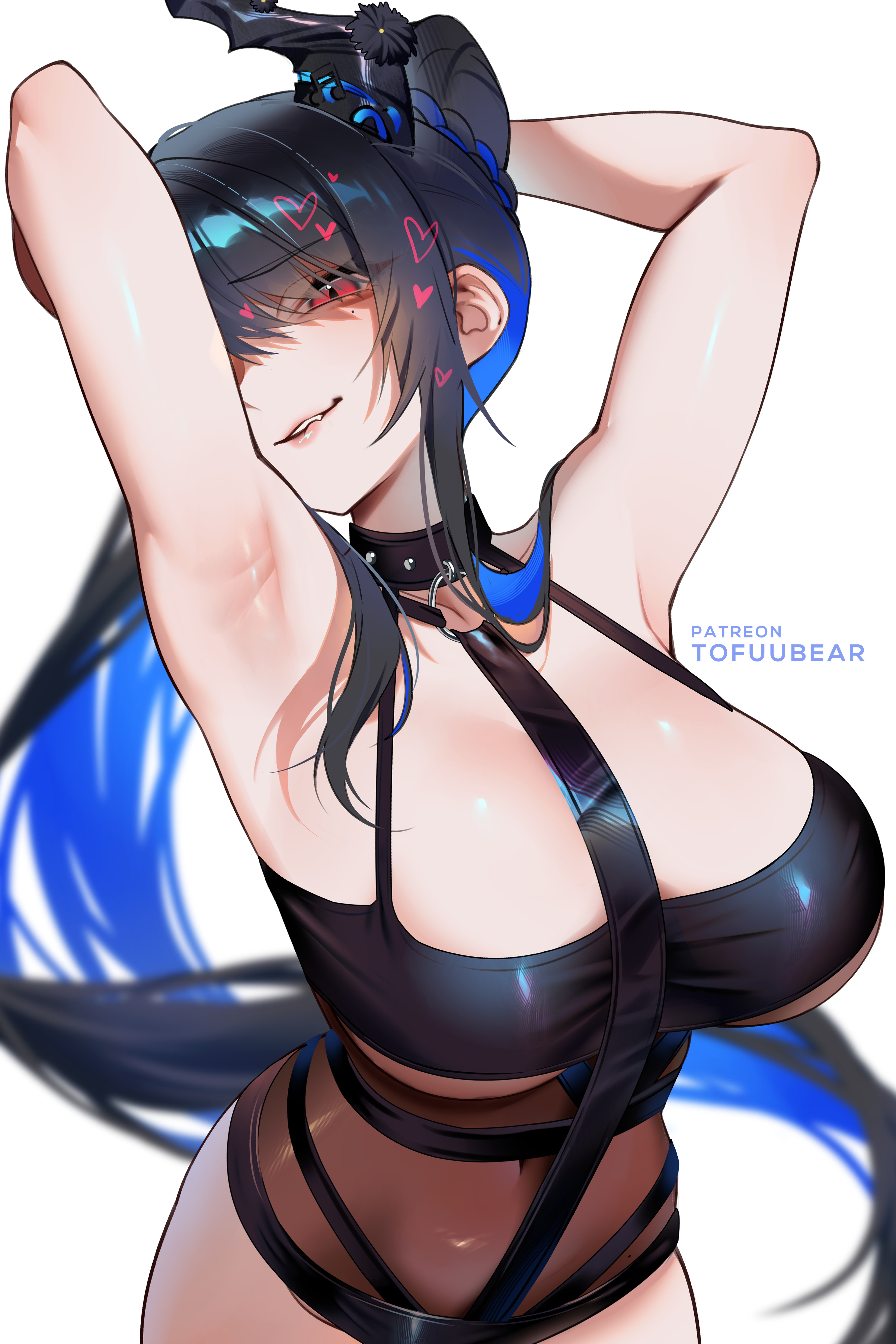 tofuubear, nerissa ravencroft, nerissa ravencroft (holonatsu paradise), hololive, hololive english, holonatsu paradise, absurdres, highres, 1girl, armpits, arms behind head, arms up, black hair, black one-piece swimsuit, blue hair, breasts, casual one-piece swimsuit, cleavage, colored inner hair, covered navel, flower, high ponytail, horn flower, large breasts, long hair, looking at viewer, multicolored hair, official alternate costume, official alternate hairstyle, one-piece swimsuit, ponytail, purple eyes, sidelocks, simple background, slit pupils, solo, swimsuit, very long hair, virtual youtuber, white background