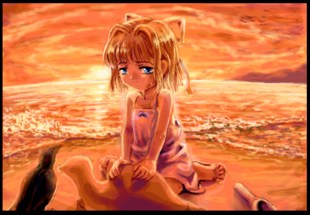 mutsuki (moonknives), kamio misuzu, sora (air), air (visual novel), key (company), non-web source, 00s, 1girl, beach, bird, crow, female focus, solo, tears