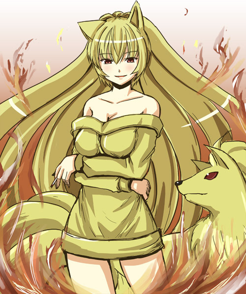 ninetales, moemon, nintendo, pokemon, 1girl, animal ears, bare shoulders, blonde hair, breasts, brown eyes, cigarette, cleavage, costume, creature and personification, crossed arms, dress, gen 1 pokemon, long hair, off shoulder, personification, pokemon (creature), red eyes, short dress, smile, smoking, sweater, sweater dress, very long hair