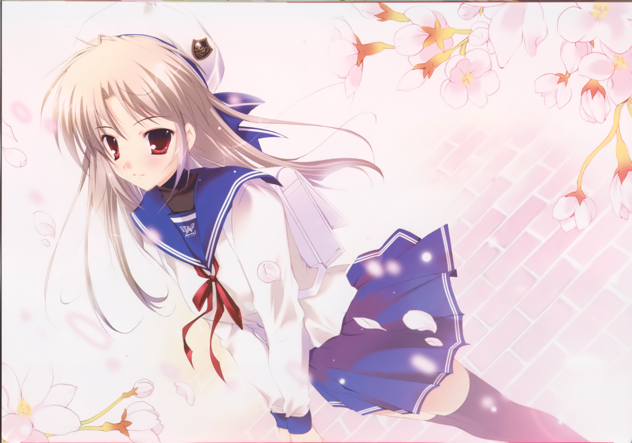 mikeou, magi-cu, highres, scan, 1girl, backpack, bag, black thighhighs, blonde hair, bow, cherry blossoms, female focus, flower, hat, long hair, pleated skirt, randoseru, red eyes, school uniform, serafuku, skirt, solo, standing, thighhighs, wind, wind lift, zettai ryouiki