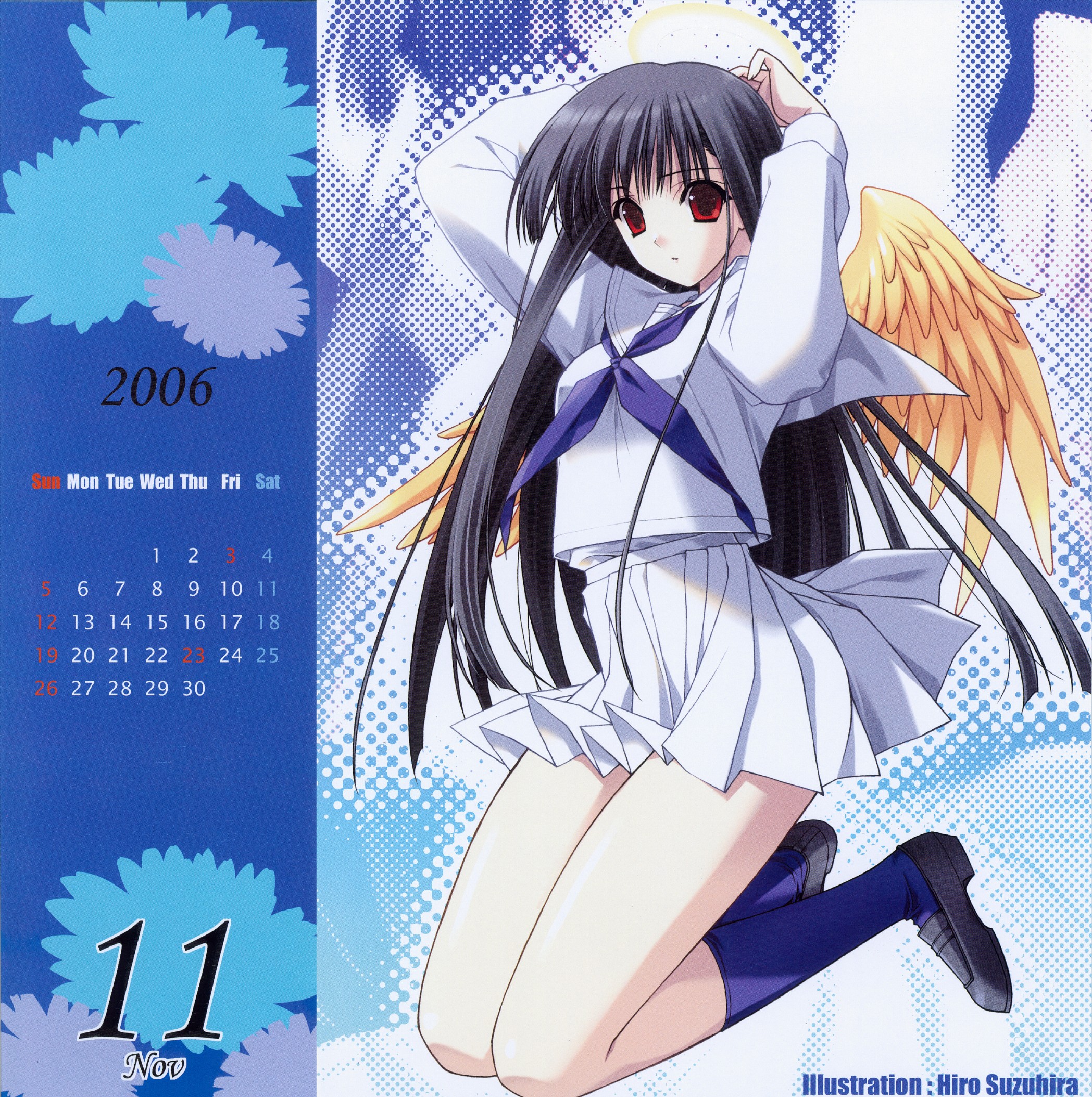 suzuhira hiro, highres, black hair, calendar, long hair, red eyes, school uniform, serafuku, solo, wings