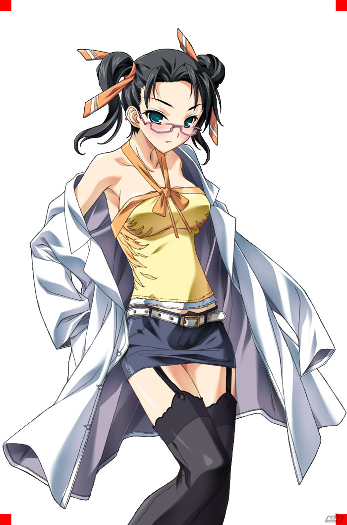 original, artist request, 1girl, bare shoulders, black hair, blush, female focus, garter belt, glasses, green eyes, hair ribbon, halterneck, lab coat, lingerie, miniskirt, pencil skirt, ribbon, skirt, solo, thighhighs, twintails, underwear, undressing, zettai ryouiki