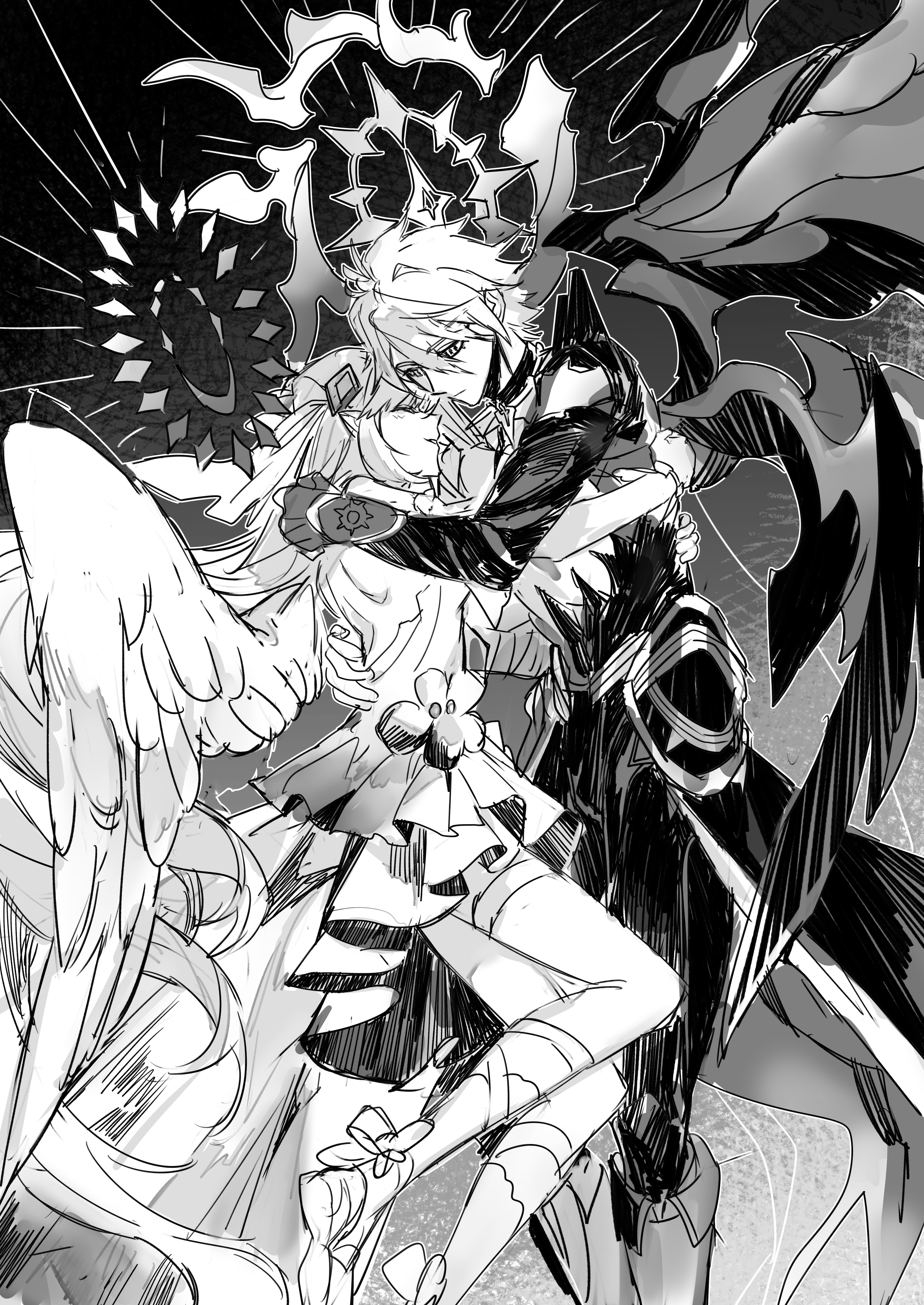 anchealcjiea, cyrene (honkai: star rail), phainon (honkai: star rail), phainon (khaslana) (honkai: star rail), honkai: star rail, honkai (series), absurdres, chinese commentary, commentary request, highres, 1boy, 1girl, angel wings, dress, gloves, greyscale, halo, hug, long hair, monochrome, pants, pointy ears, shoes, short hair, very long hair, wings