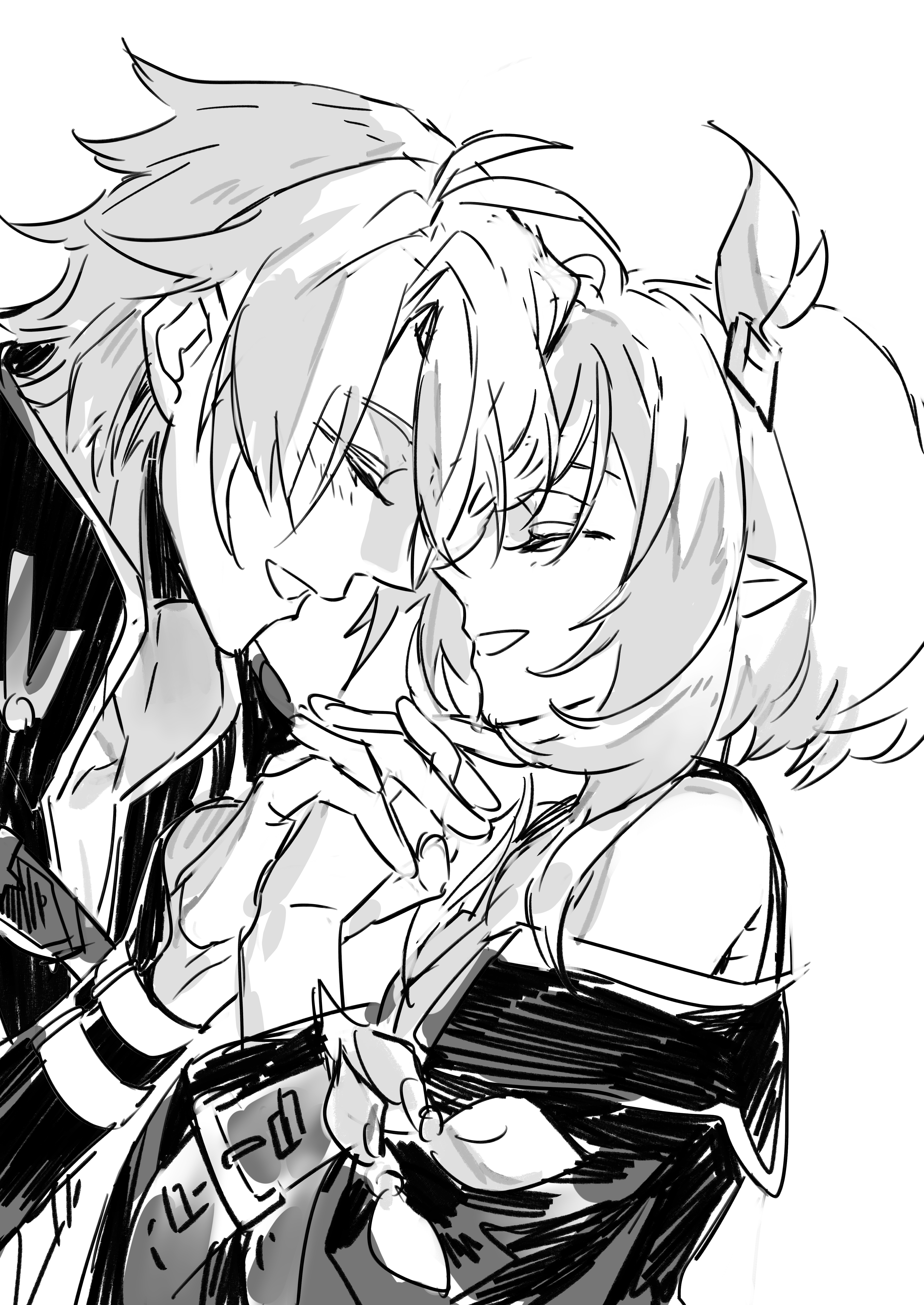 anchealcjiea, cyrene (honkai: star rail), phainon (honkai: star rail), honkai: star rail, honkai (series), absurdres, chinese commentary, commentary request, highres, 1boy, 1girl, bare shoulders, coat, couple, greyscale, hair ornament, hetero, interlocked fingers, monochrome, pointy ears, short hair, smile