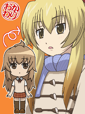 awa, minami chiaki, minami-ke, lowres, 00s, 1girl, ahoge, brown eyes, brown hair, jaggy lines, oekaki, thighhighs