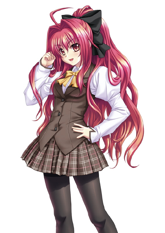 kannatsuki noboru, corticarte apa lagranges, shinkyoku soukai polyphonica, official art, 00s, 1girl, :d, adjusting hair, ahoge, blush, bow, bowtie, female focus, hair bow, hair intakes, hand on own hip, long hair, open mouth, pantyhose, plaid clothes, plaid skirt, pleated skirt, ponytail, red eyes, red hair, school uniform, serafuku, simple background, skirt, smile, solo, standing, very long hair, vest, waistcoat, wavy hair