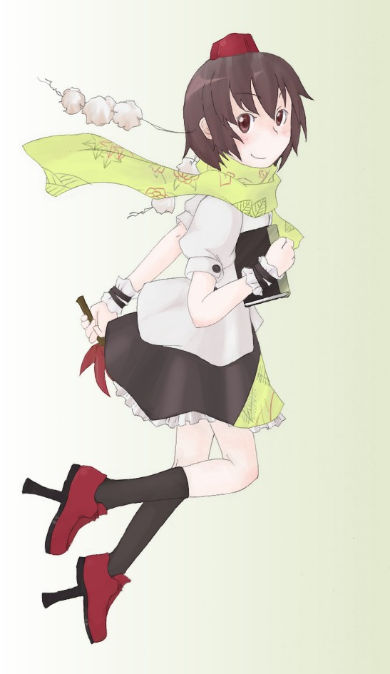 sacha, shameimaru aya, touhou, 1girl, blush, female focus, geta, looking at viewer, scarf, solo, tengu-geta