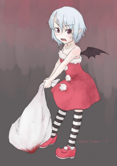 sacha, remilia scarlet, touhou, 1girl, bat wings, christmas, female focus, full body, grey background, pantyhose, simple background, solo, standing, striped clothes, striped pantyhose, thighhighs, wings