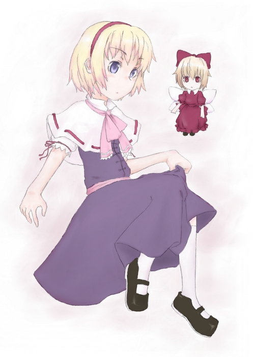 sacha, alice margatroid, shanghai doll, touhou, 1girl, black shoes, blonde hair, blue dress, blue eyes, bow, capelet, dress, female focus, full body, hair bow, hairband, kneehighs, mary janes, red bow, red ribbon, ribbon, ribbon trim, shoes, short hair, short sleeves, simple background, socks, solo, white background, white socks, wings