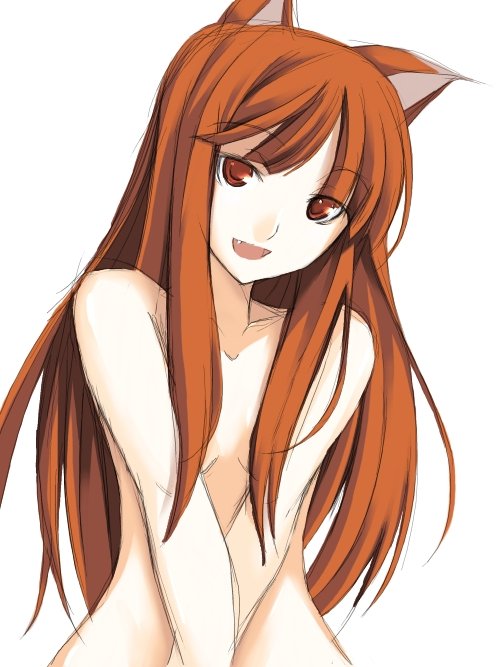 ribi, holo, spice and wolf, 00s, animal ears, nude, solo, wolf ears