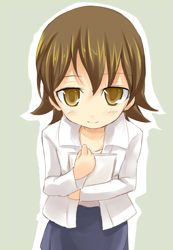 kuro (be ok), ootsuka mayu, darker than black, 00s, 1girl, brown eyes, brown hair, female focus, holding, paper, shirt, simple background, smile, solo, white shirt