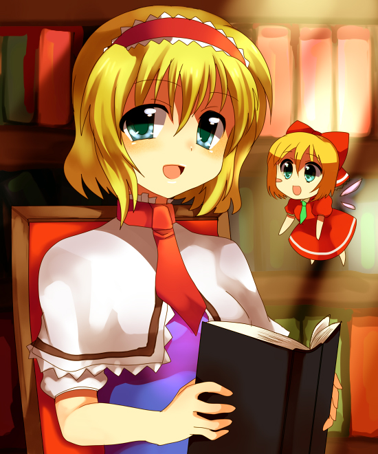 subaru (yachika), alice margatroid, shanghai doll, touhou, 1girl, blonde hair, book, bookshelf, bow, capelet, chair, female focus, green eyes, hair bow, hairband, indoors, looking at viewer, necktie, open mouth, red bow, red necktie, short hair, short sleeves, sitting, smile, solo, sunlight, upper body