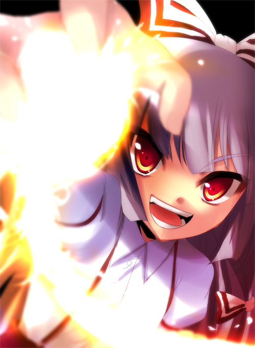 yukizuki chikuba, fujiwara no mokou, touhou, silver hair, >:), 1girl, :d, blurry, bow, depth of field, female focus, fire, glowing, hair bow, open mouth, red eyes, smile, solo, v-shaped eyebrows