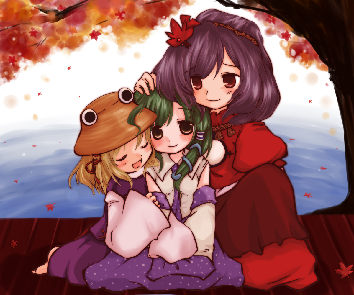 futami yayoi, kochiya sanae, moriya suwako, yasaka kanako, touhou, 3girls, blonde hair, female focus, green hair, hair ornament, happy, hat, hug, leaf, leaf hair ornament, maple leaf, multiple girls, outdoors, purple hair, short hair, smile