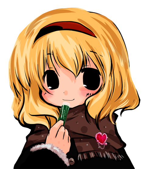 futami yayoi, alice margatroid, touhou, 1girl, chibi, female focus, lip balm, lipstick, makeup, smile, solo
