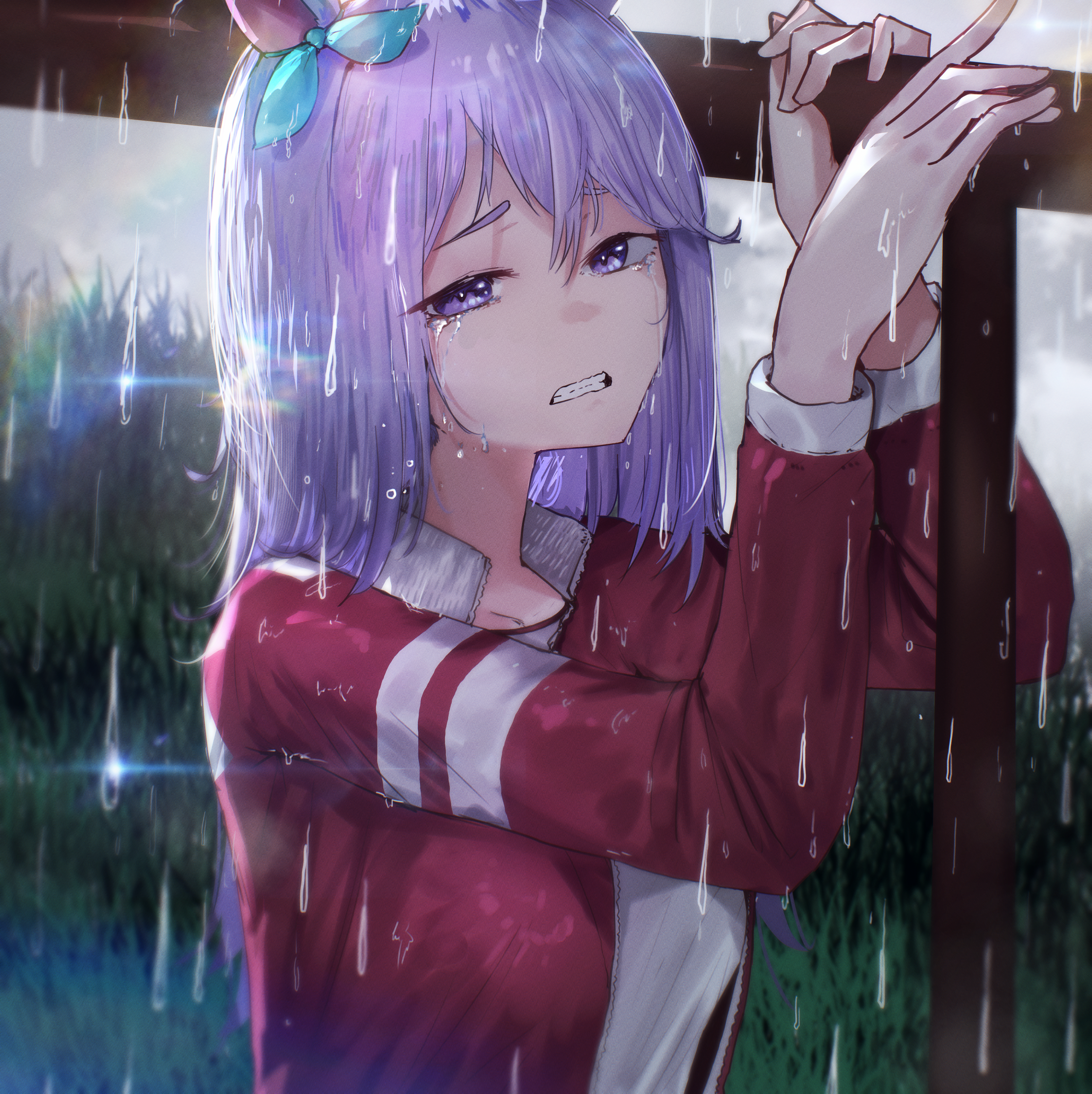 advarcher, mejiro mcqueen (umamusume), umamusume, absurdres, highres, 1girl, animal ears, blue bow, bow, clenched teeth, crying, crying with eyes open, ear bow, horse ears, horse girl, jacket, long hair, looking at viewer, purple eyes, purple hair, rain, red jacket, shirt, solo, tears, teeth, white shirt