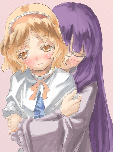 yohane, alice margatroid, patchouli knowledge, touhou, 2girls, bespectacled, blonde hair, blush, bonnet, bow, bowtie, capelet, closed eyes, confused, female focus, frills, from behind, glasses, hairband, happy, hug, hug from behind, long hair, maid, multiple girls, purple hair, short hair, smile, yellow eyes, yuri