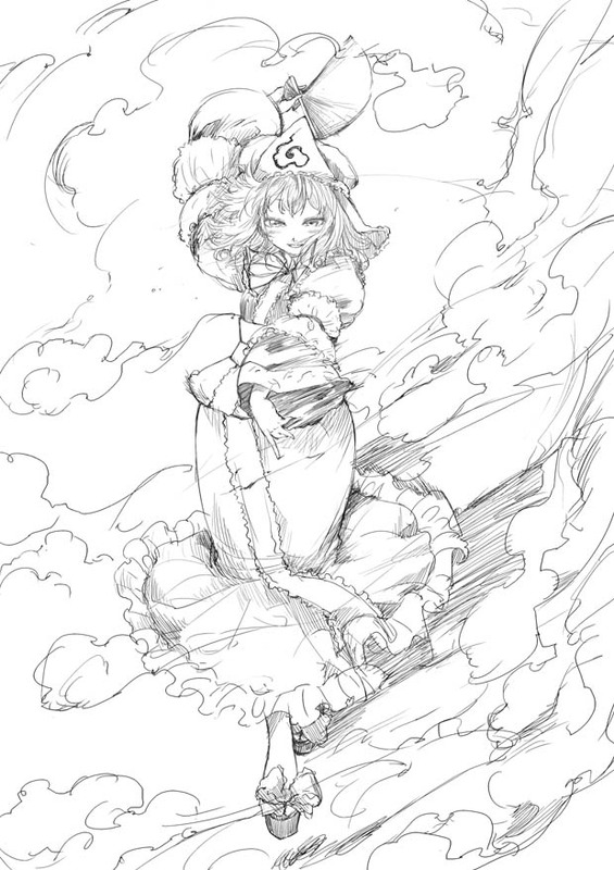 kiriu, saigyouji yuyuko, touhou, 1girl, clog sandals, dancing, female focus, folding fan, ghost, greyscale, hand fan, hat, hitodama, japanese clothes, kimono, mob cap, monochrome, sandals, short hair, sketch, smoke, solo, zouri