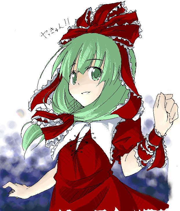 takoyaki1116, takoyaki (takoyaki-batake), kagiyama hina, touhou, eyebrows, 1girl, bow, dress, female focus, front ponytail, green eyes, hair ribbon, long hair, looking at viewer, oekaki, puffy short sleeves, puffy sleeves, red bow, red dress, red ribbon, ribbon, short sleeves, simple background, solo, upper body