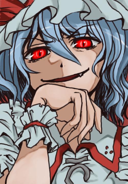 uousa-ou, remilia scarlet, touhou, 1girl, fang, female focus, hat, mob cap, solo, white hat