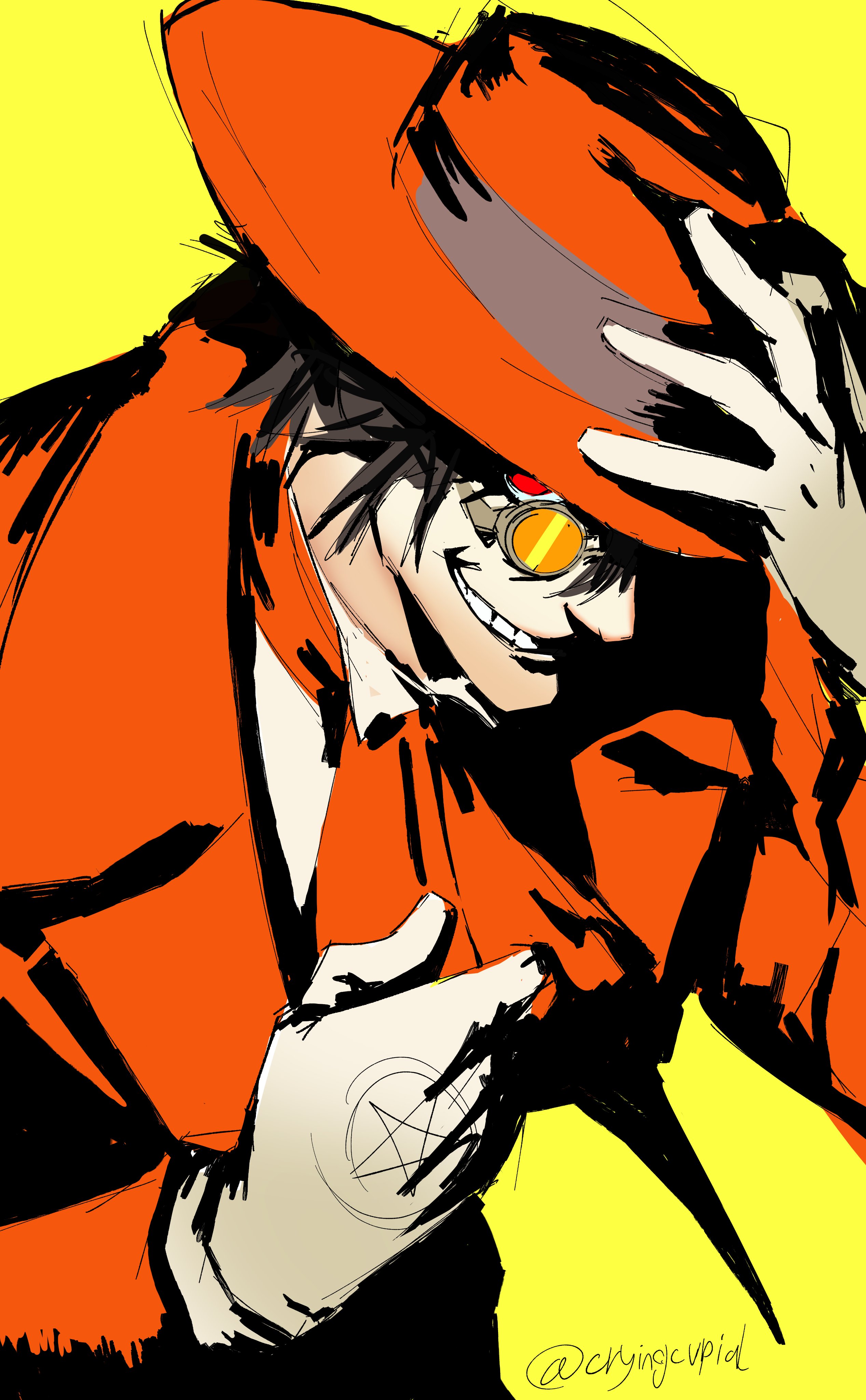 alucard (hellsing), hellsing, absurdres, highres, 1boy, black hair, coat, cryingcvpid, glasses, gloves, hat, holding, looking at viewer, male focus, necktie, overcoat, pentagram, red eyes, short hair, simple background, smile, solo, twitter username, vampire, white gloves, yellow background