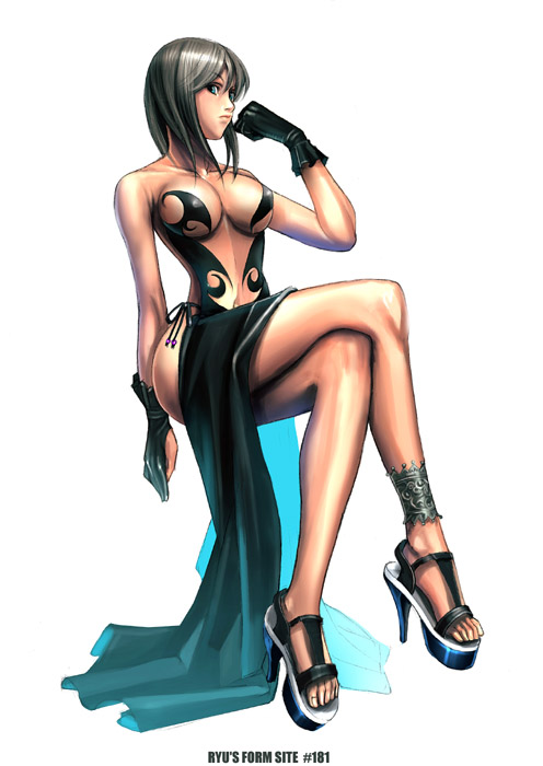 ryu (ryu's form site), original, silver hair, 1girl, anklet, blue eyes, breasts, crossed legs, dress, female focus, gloves, high heels, jewelry, large breasts, legs, long legs, open shoes, shoes, sitting, skinny, slender, solo